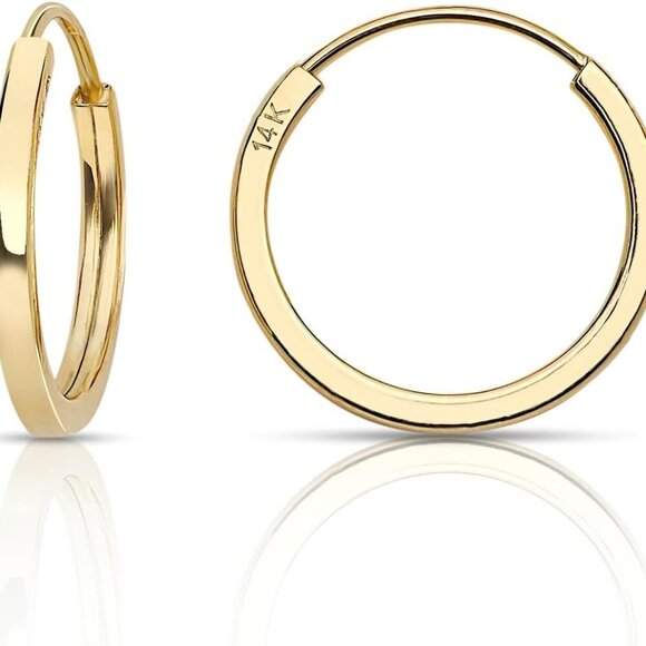 14K Gold Endless Hoop Earrings Lightweight Square 10-20mm Unisex Jewelry